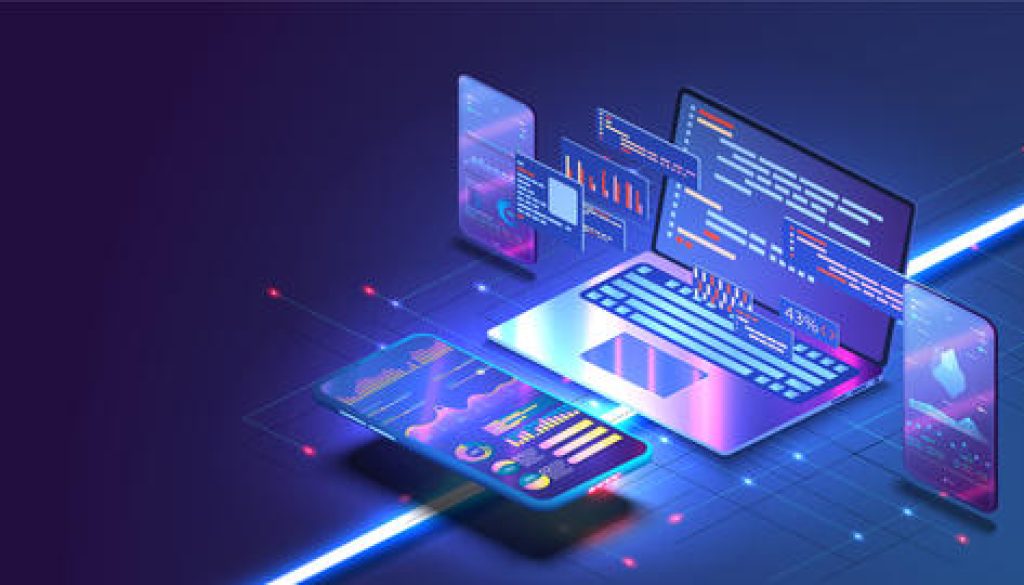 Application of Smartphone with business graph and analytics data on isometric mobile phone. Analysis trends and software development coding process concept. Programming, testing cross platform code